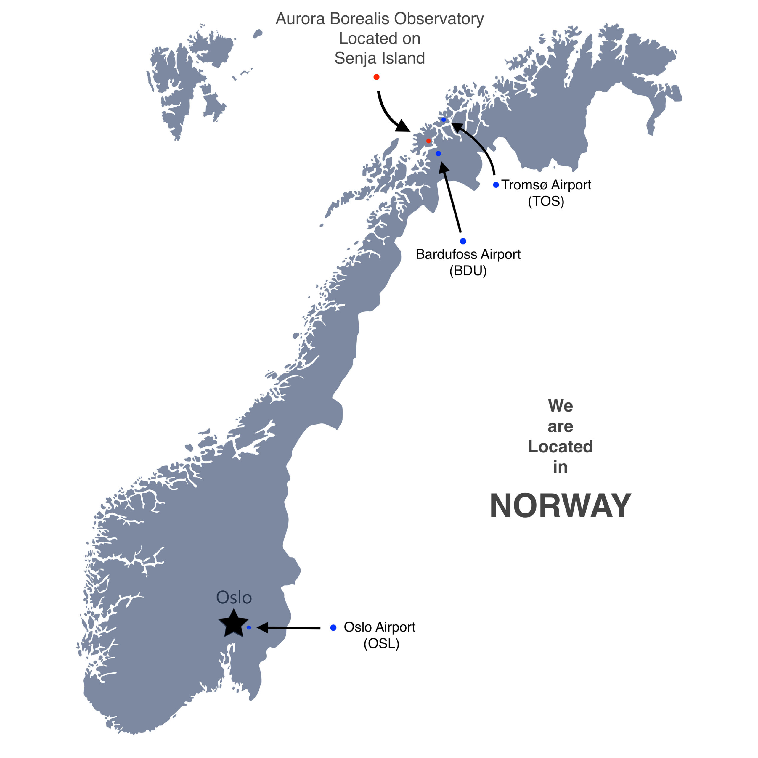 Map showing Oslo, Tromsø, Bardufoss and Senja Island
